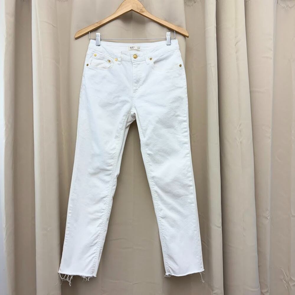 OAT New York Jeans Mid Rise Straight Leg Frayed Raw Hem White Stretch Denim 4/27